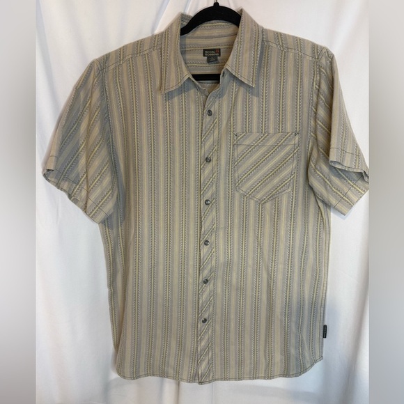 Royal Robbins Pearl Snap Shirt Mens Size Large Beige Striped Short Sleeve - Picture 1 of 6